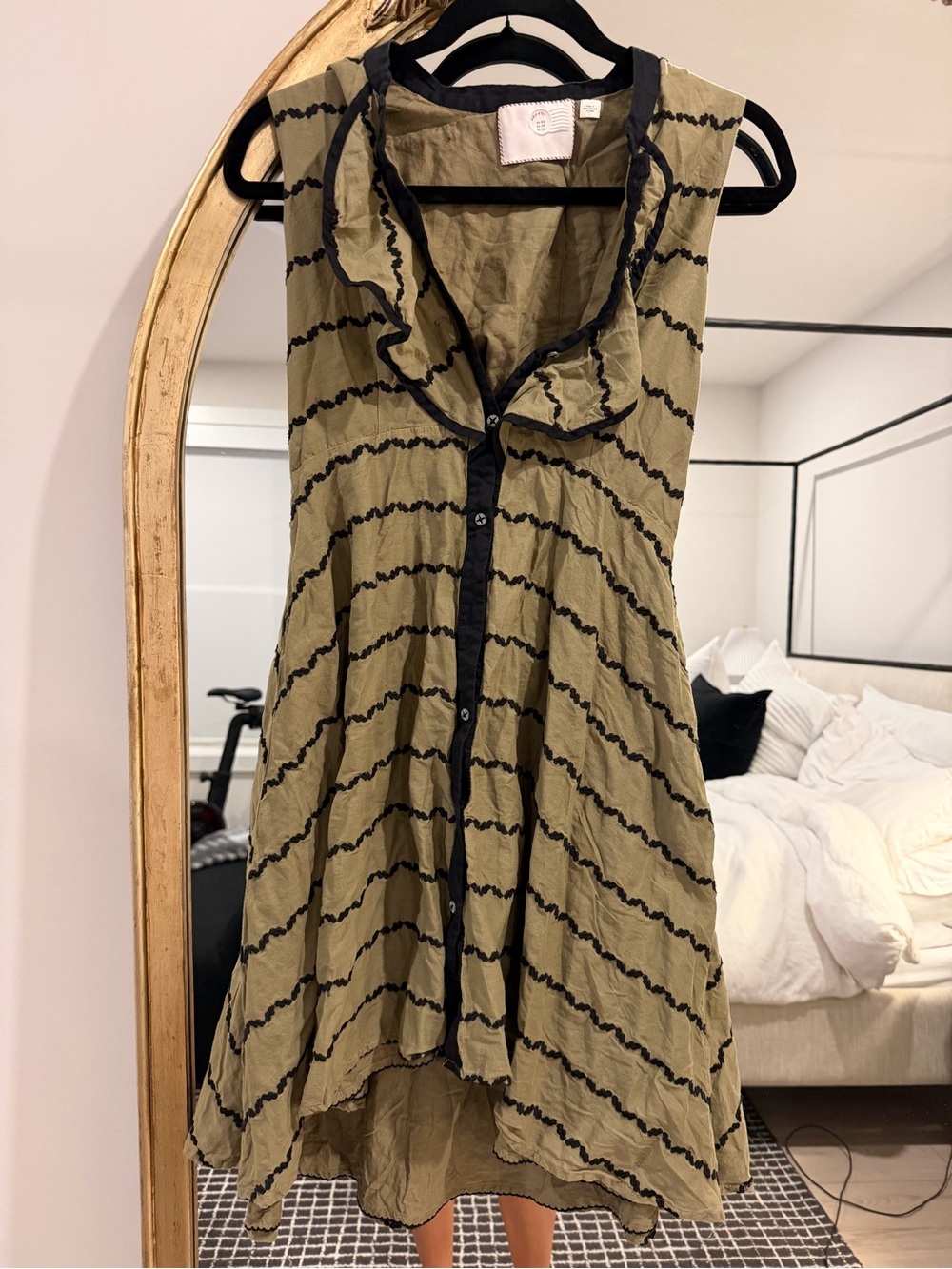 Anthropologie Olive Green and Black Ruffle-Trim Mini Dress